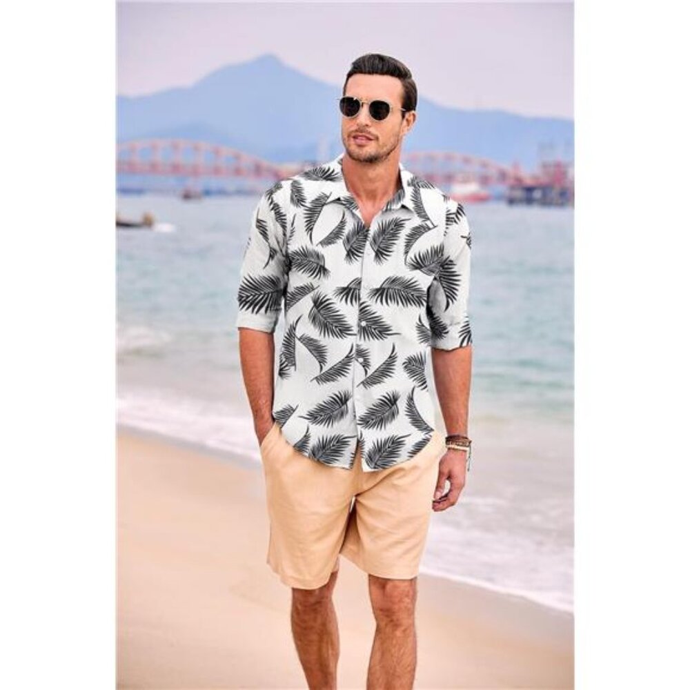 Men's Casual Button Down Shirt Long Sleeve Linen Chambray Shirt, White Printed - Picture 2 of 6
